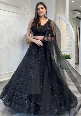 Black Embroidered Net Lehenga Set
