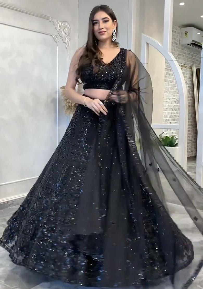Black Embroidered Net Lehenga Set - Indya