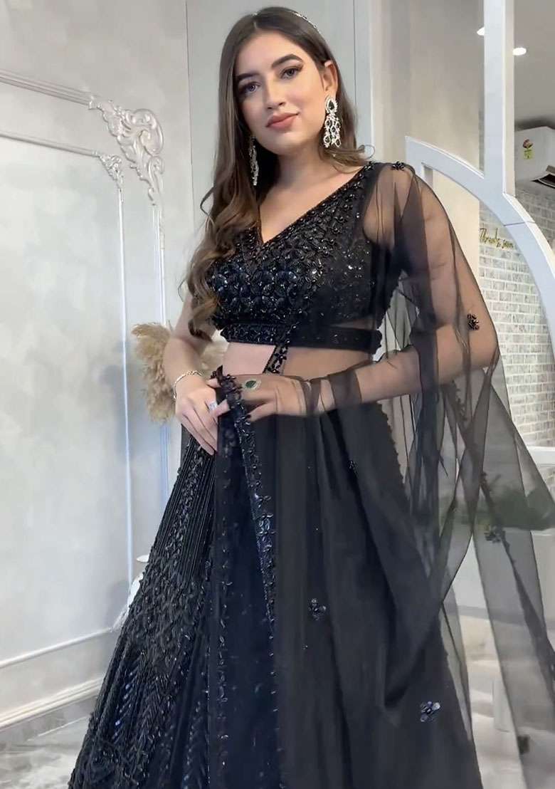 Black Net Lehenga Set with Embroidered for Diwali | Wedding & Festive Wear - Indya