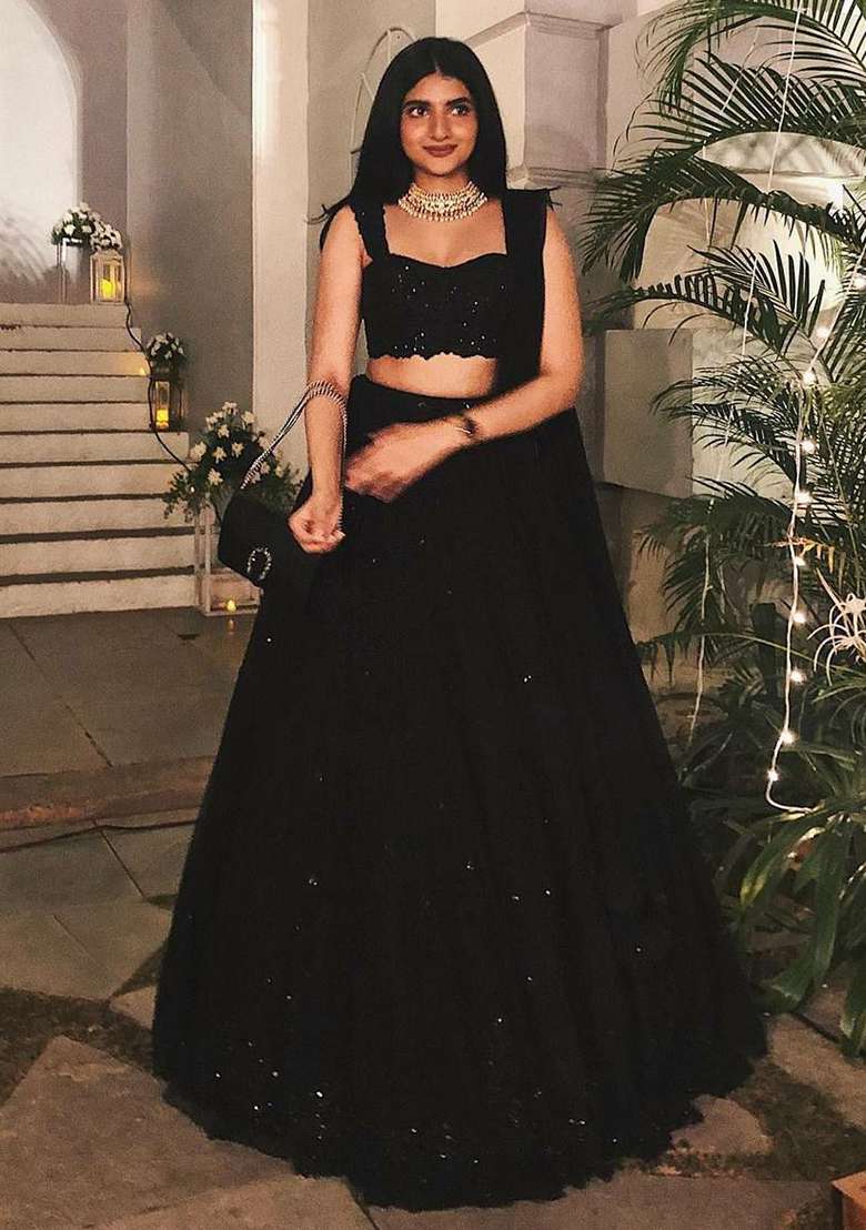 Black Embroidered Georgette Lehenga Set for Diwali and Festive Wear - Indya