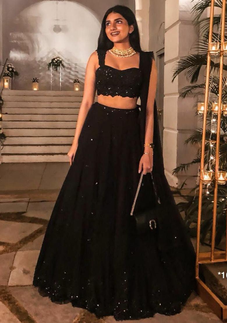 Black Embroidered Georgette Lehenga Set - Indya