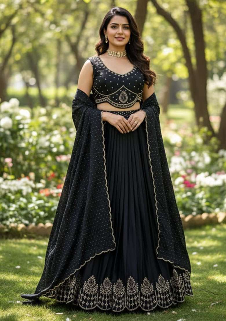 Black Velvet Lehenga Set with Embroidered for Diwali | Wedding & Festive Wear - Indya
