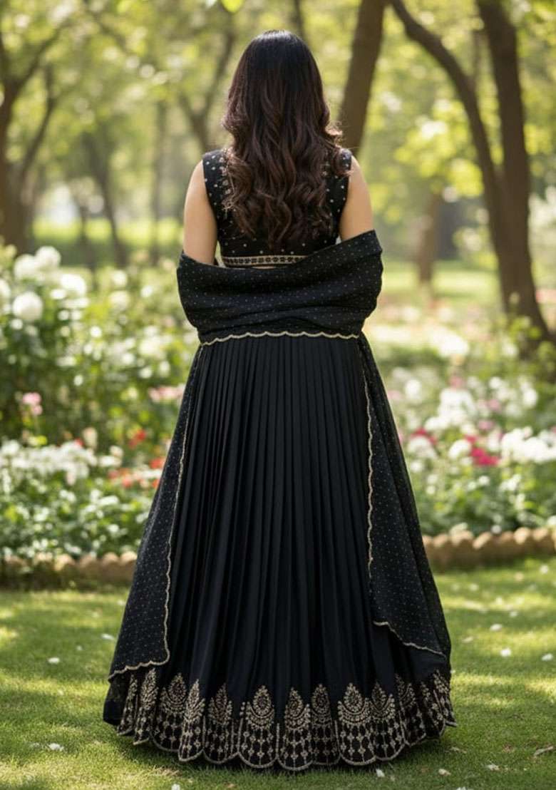 Black Velvet Lehenga Set with Embroidered for Diwali | Wedding & Festive Wear - Indya
