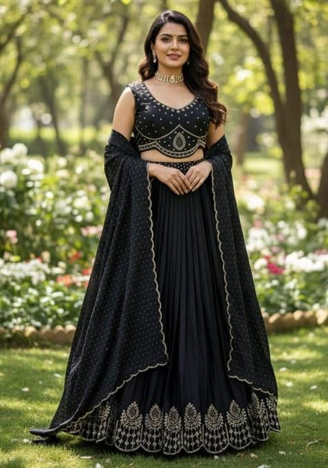 Black Embroidered Velvet Lehenga Set