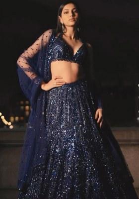 Blue Embroidered Net Lehenga Set
