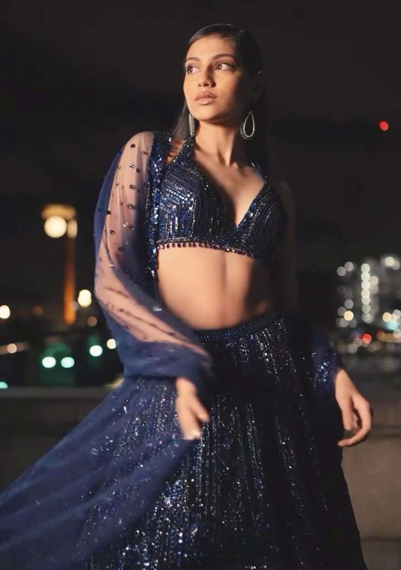 Blue Embroidered Net Lehenga Set for Diwali and Festive Wear - Indya