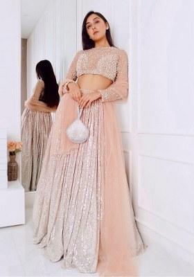 Cream Embroidered Silk Lehenga Set