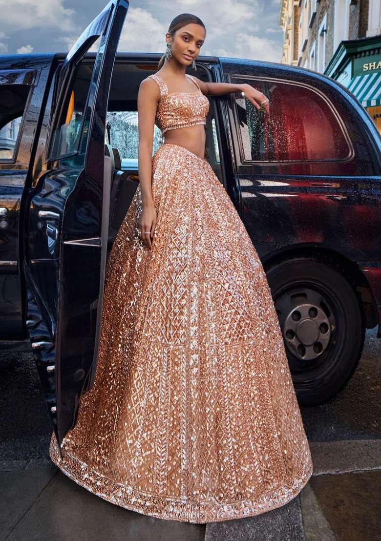 Golden Embroidered Net Lehenga Set for Diwali and Festive Wear - Indya