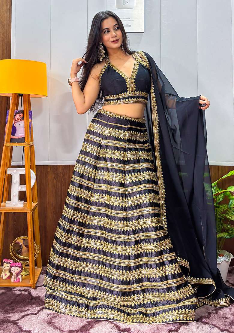 Black Silk Blend Lehenga Set with Embroidered for Diwali | Wedding & Festive Wear - Indya