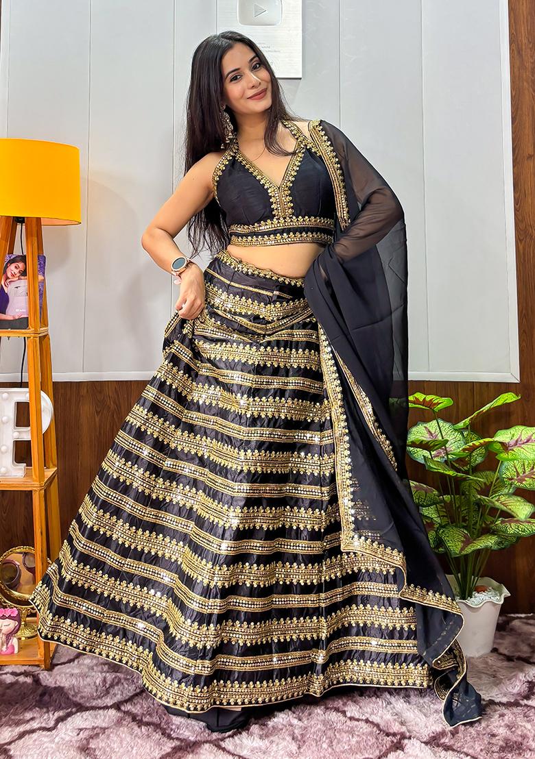 Black Embroidered Silk Lehenga Set - Indya