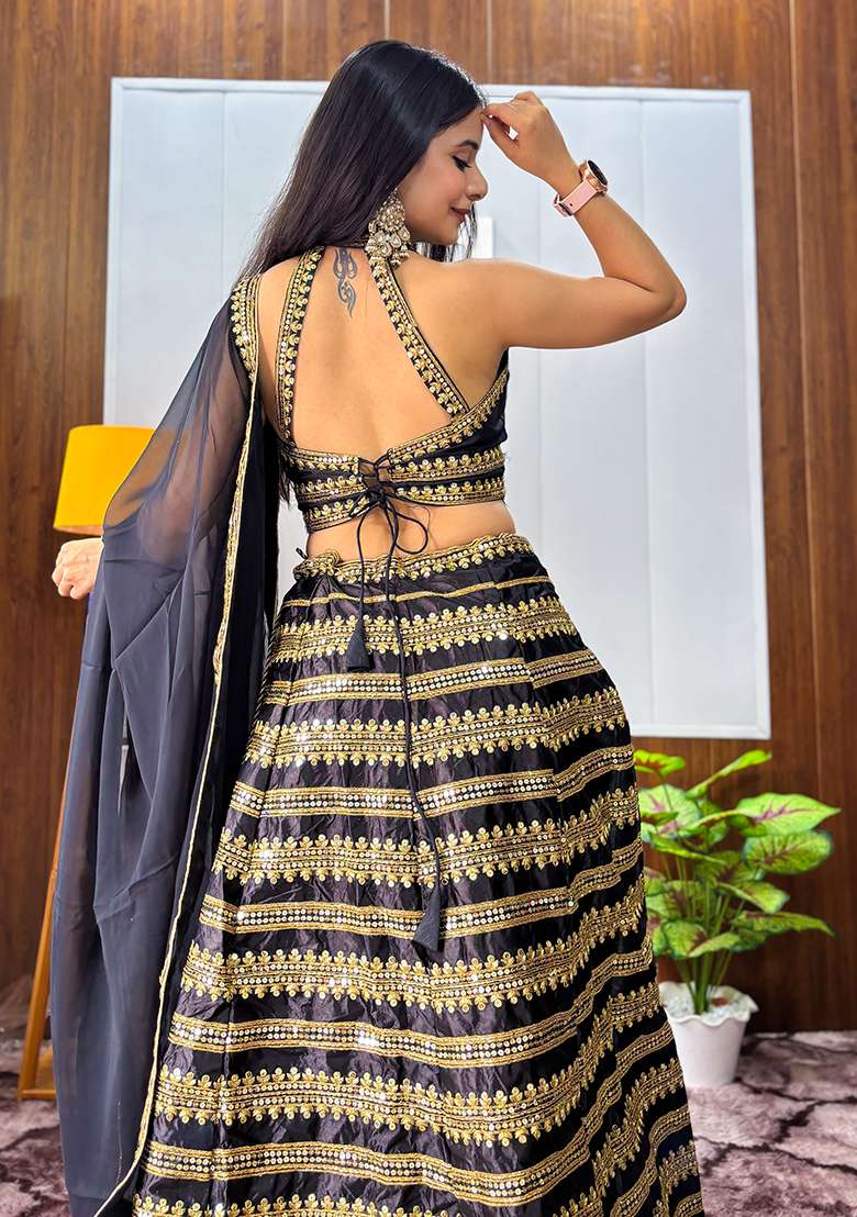 Black Silk Blend Lehenga Set with Embroidered for Diwali | Wedding & Festive Wear - Indya