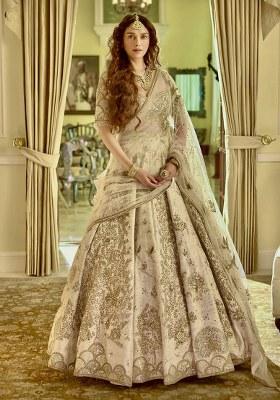 Cream Embroidered Silk Lehenga Set