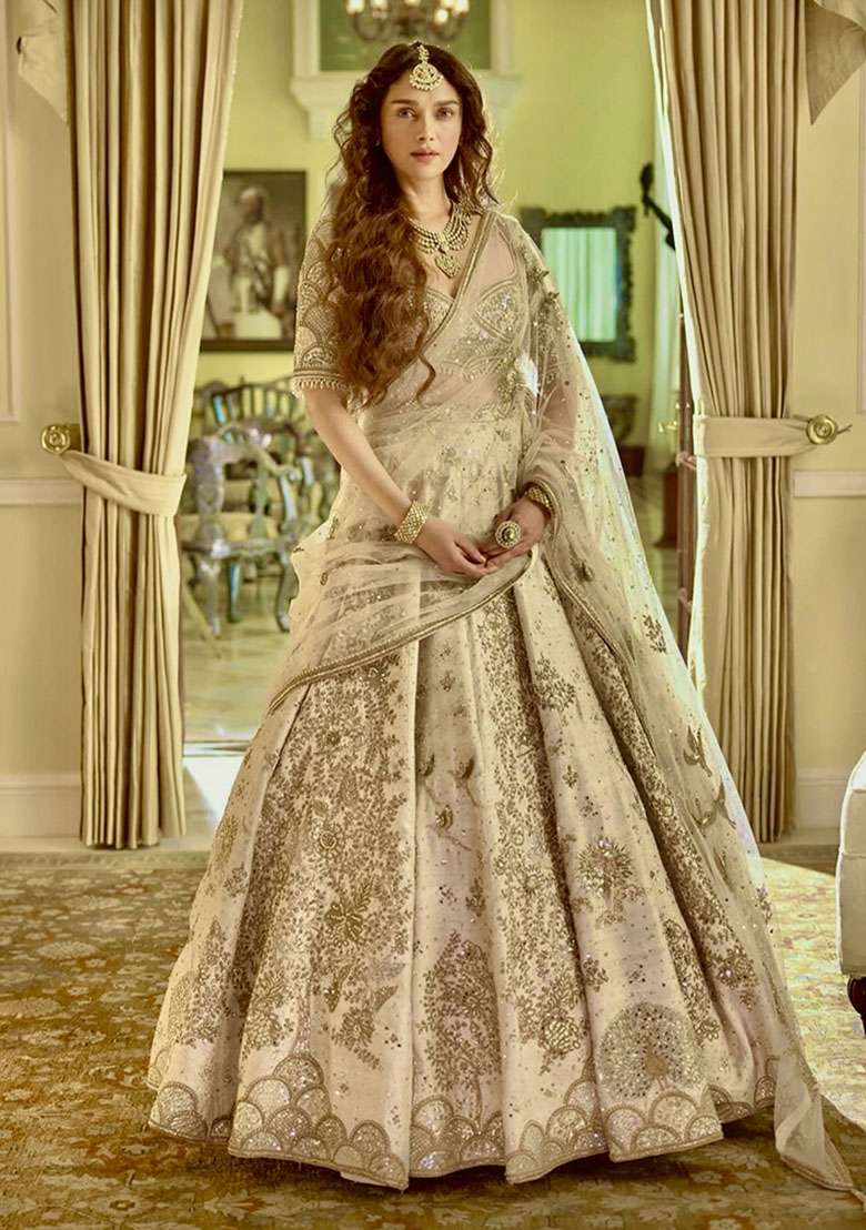 Cream Silk Blend Lehenga Set with Embroidered for Diwali | Wedding & Festive Wear - Indya