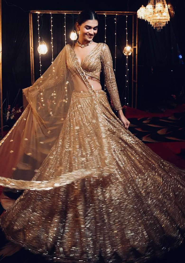 Golden Embroidered Silk Blend Lehenga Set - Indya