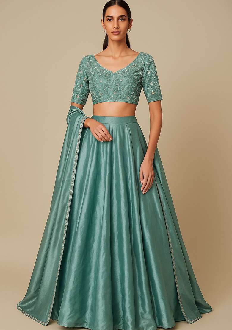 Sky Blue Embroidered Silk Blend Lehenga Set - Indya