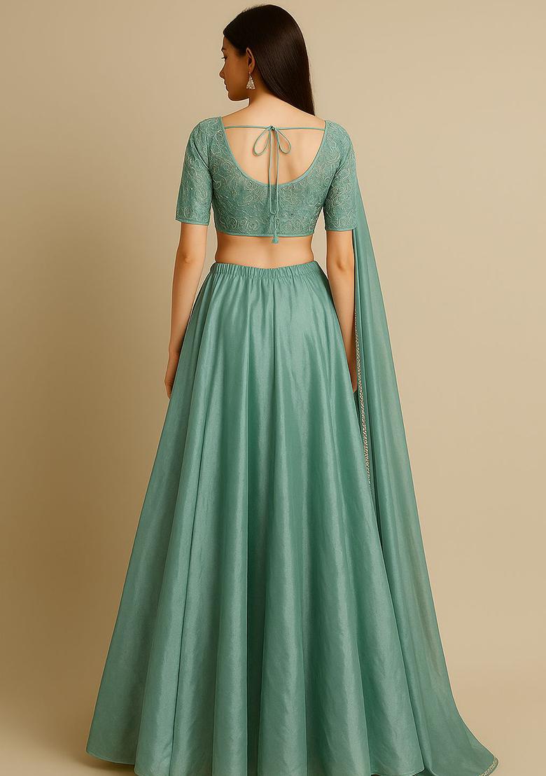 Sky Blue Embroidered Silk Lehenga Set - Indya
