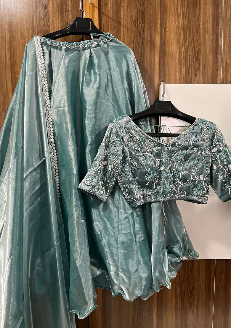 Sky Blue Embroidered Silk Blend Lehenga Set - Indya