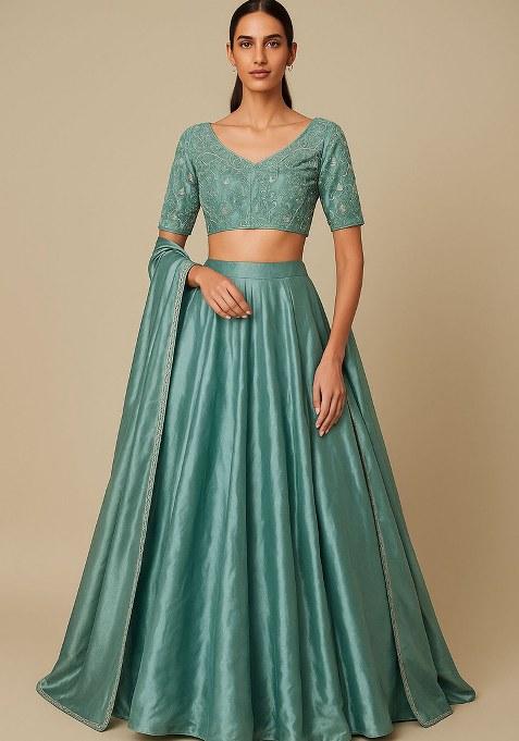 Sky Blue Embroidered Silk Lehenga Set — view on Indya