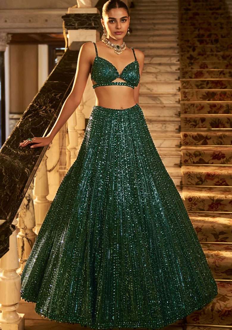 Green Embroidered Net Lehenga Set for Diwali and Festive Wear - Indya