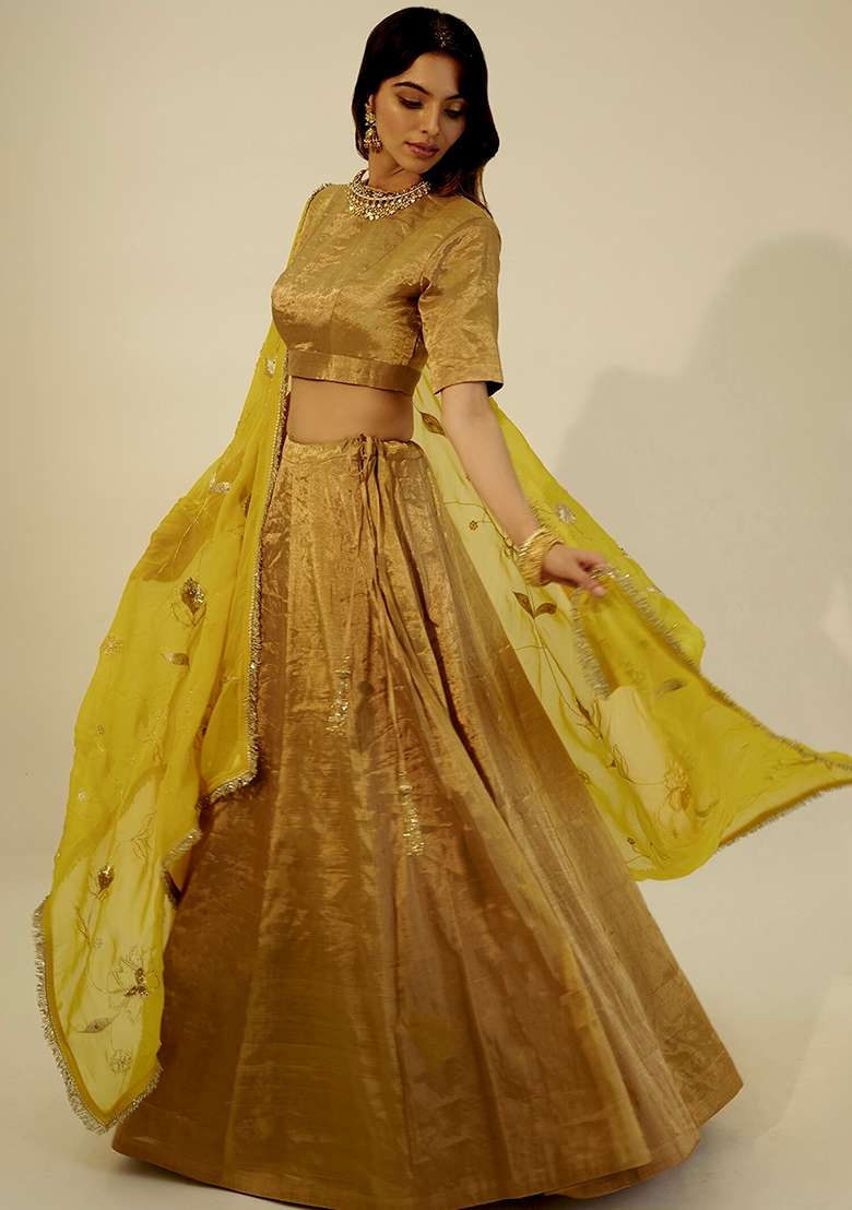 Yellow Silk Blend Lehenga Set with Embroidered for Diwali | Wedding & Festive Wear - Indya