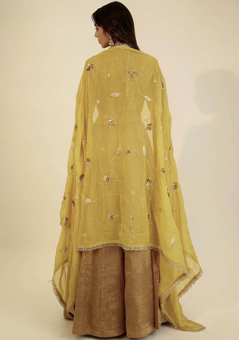 Yellow Embroidered Silk Lehenga Set - Indya