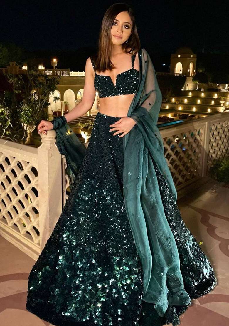 Green Georgette Lehenga Set with Embroidered for Diwali | Wedding & Festive Wear - Indya