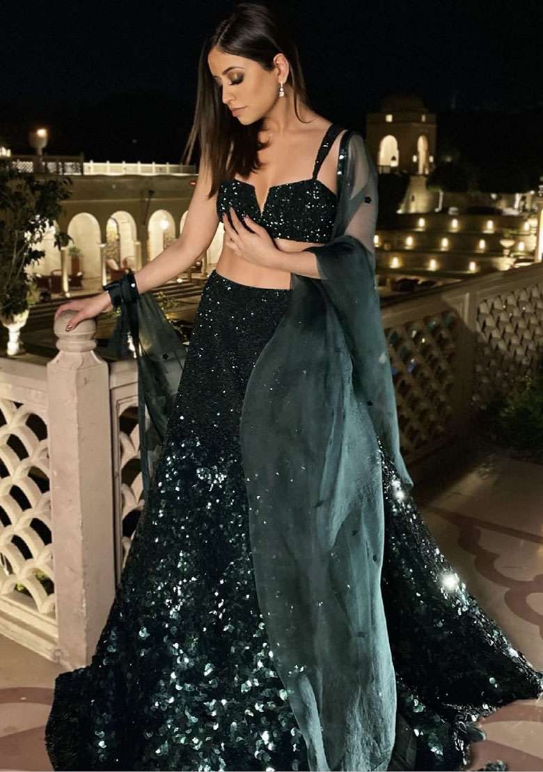 Green Georgette Lehenga Set with Embroidered for Diwali | Wedding & Festive Wear - Indya