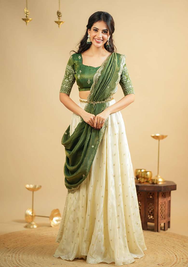 Off-White Crepe Lehenga Set with Embroidered for Diwali | Wedding & Festive Wear - Indya