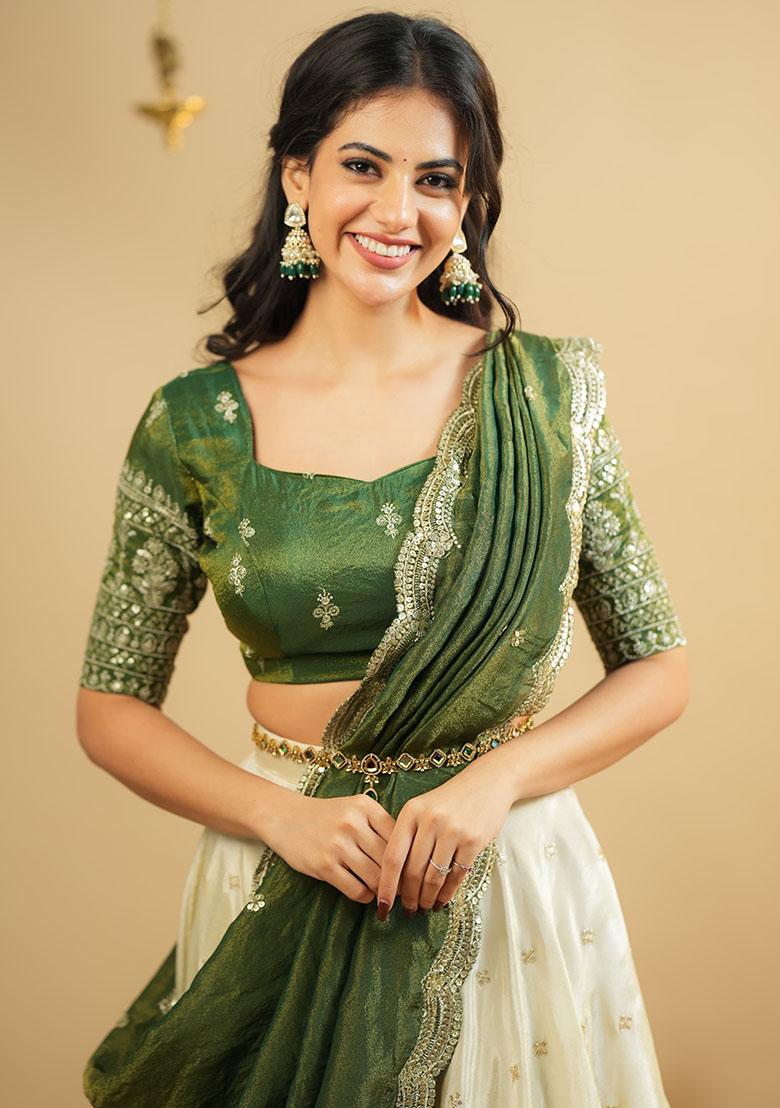 Off-White Embroidered Crepe Lehenga Set - Indya