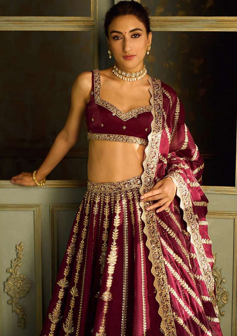 Maroon Embroidered Silk Lehenga Set - Indya