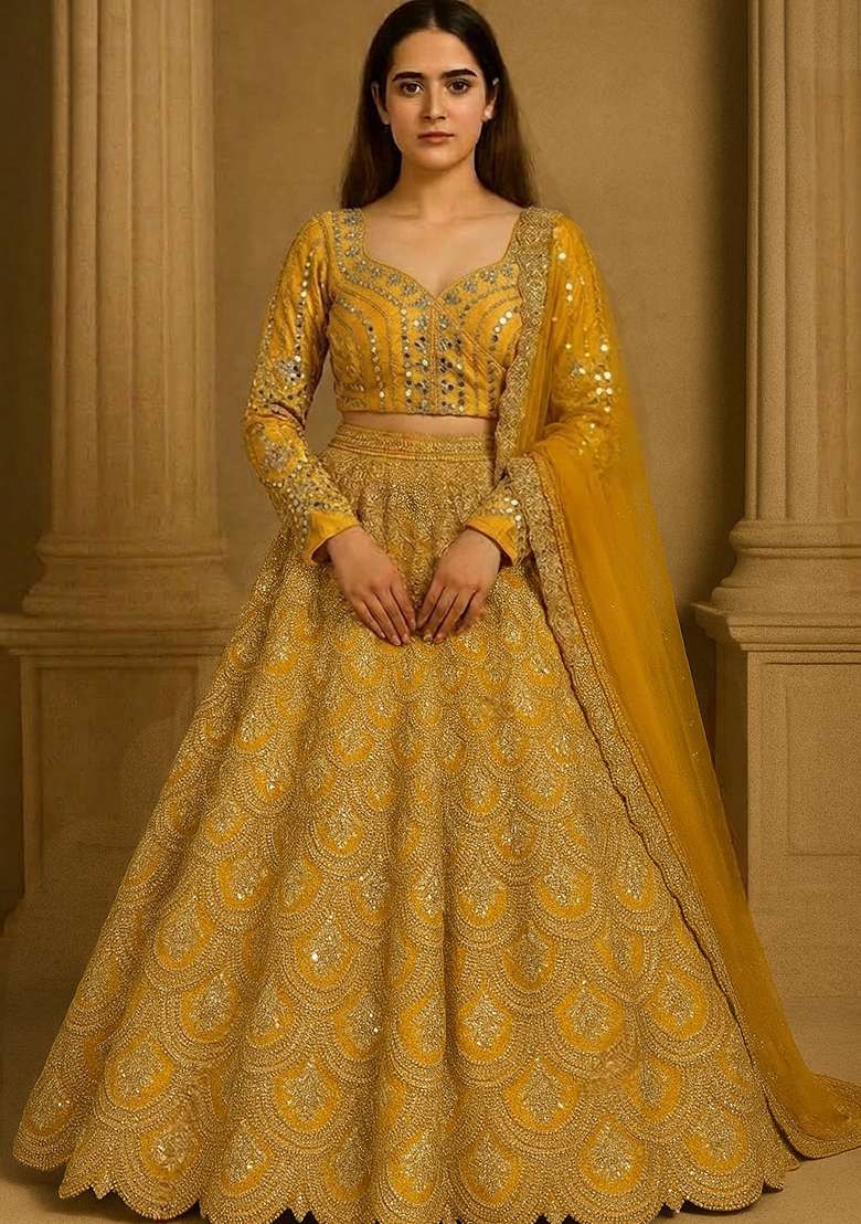 Yellow Embroidered Silk Blend Lehenga Set - Indya