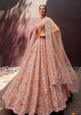 Peach Embroidered Georgette Lehenga Set