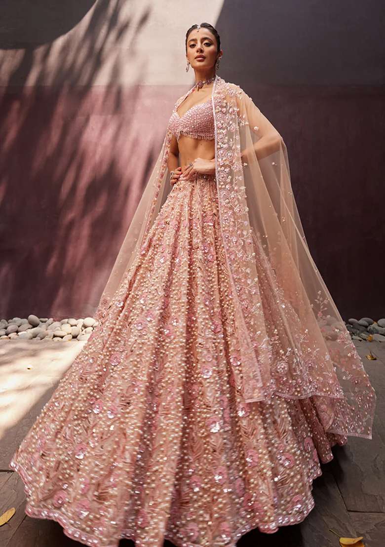 Peach Embroidered Georgette Lehenga Set - Indya