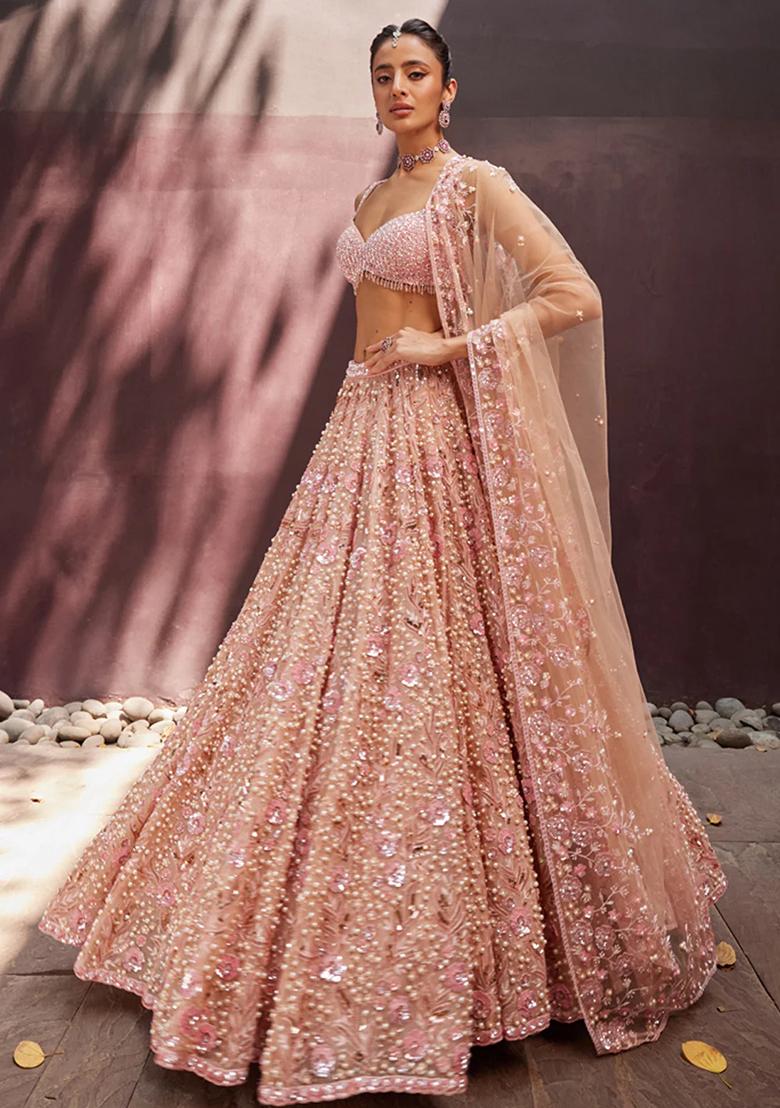 Peach Embroidered Georgette Lehenga Set - Indya