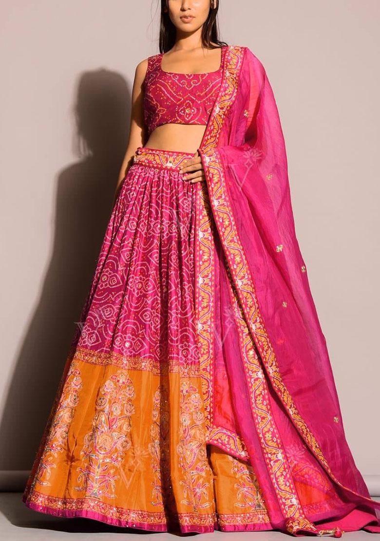 Pink Embroidered Silk Lehenga Set - Indya