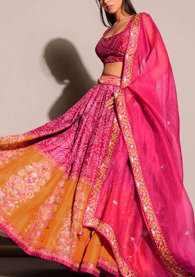 Pink Embroidered Silk Blend Lehenga Set for Diwali and Festive Wear - Indya