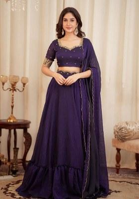 Purple Embroidered Silk Lehenga Set