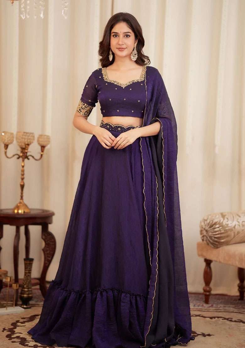 Purple Silk Blend Lehenga Set with Embroidered for Diwali | Wedding & Festive Wear - Indya