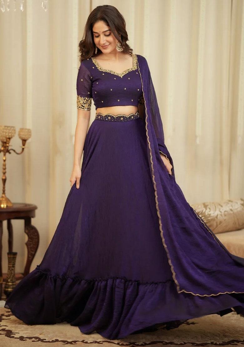 Purple Embroidered Silk Lehenga Set - Indya