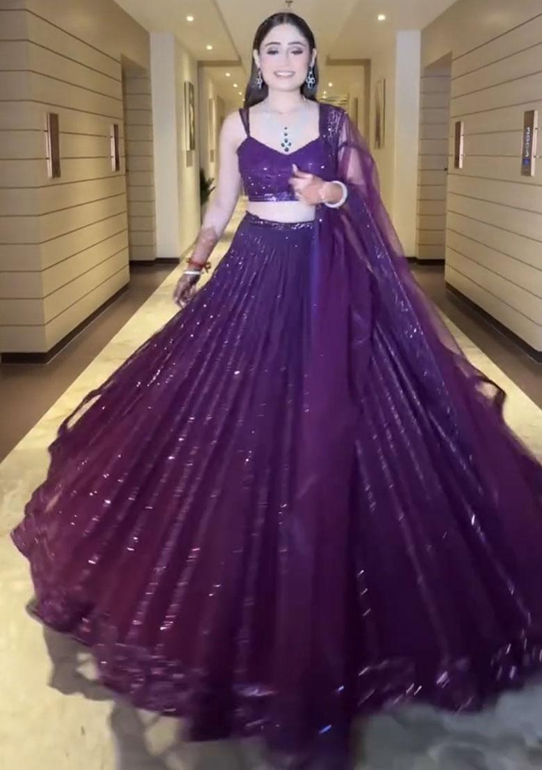Purple Embroidered Net Lehenga Set - Indya