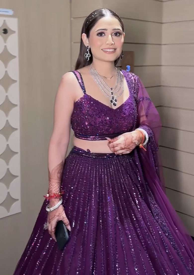 Purple Embroidered Net Lehenga Set for Diwali and Festive Wear - Indya
