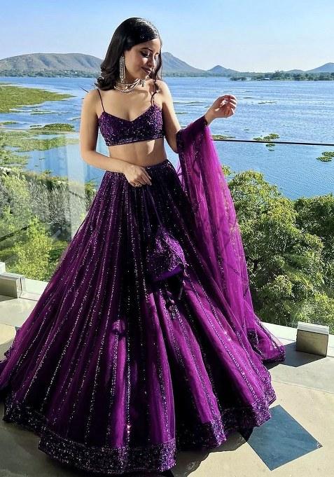 Purple Embroidered Net Lehenga Set