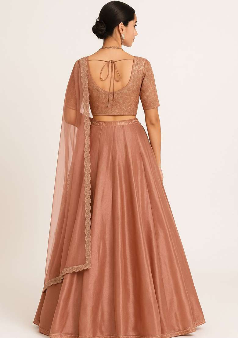 Golden Embroidered Silk Blend Lehenga Set - Indya