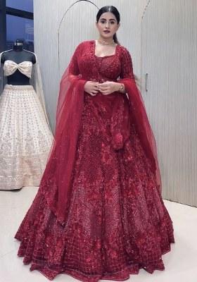 Red Embroidered Net Lehenga Set
