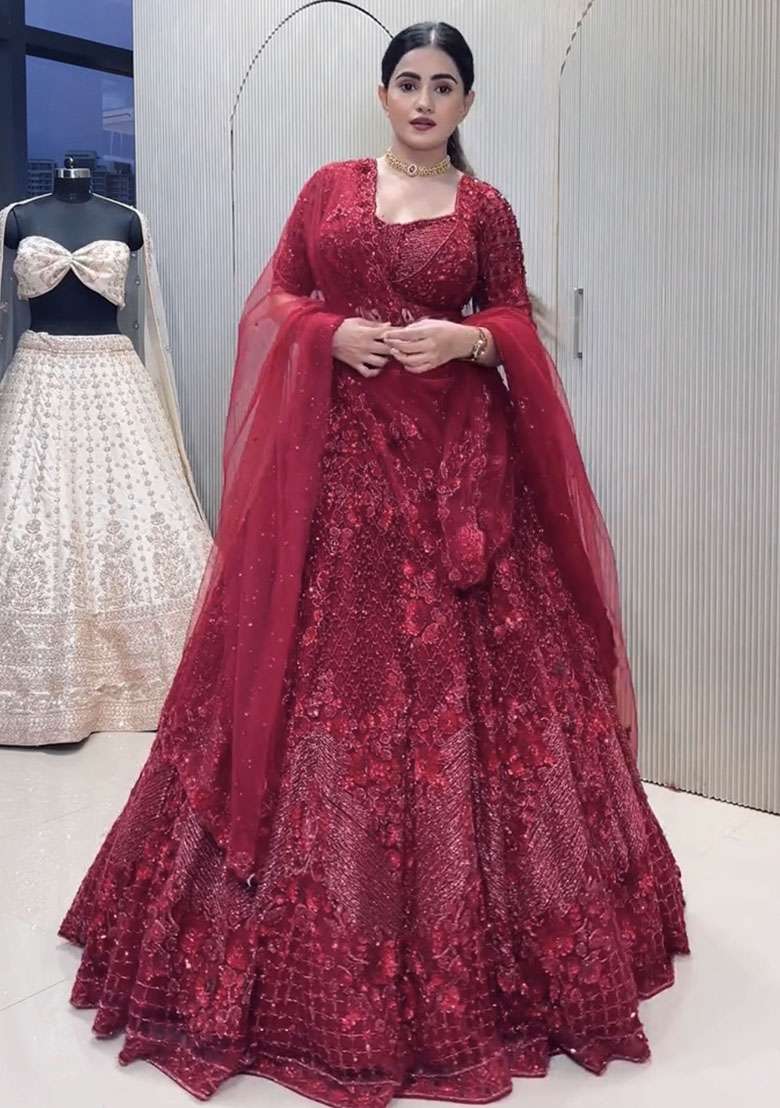 Red Net Lehenga Set with Embroidered for Diwali | Wedding & Festive Wear - Indya