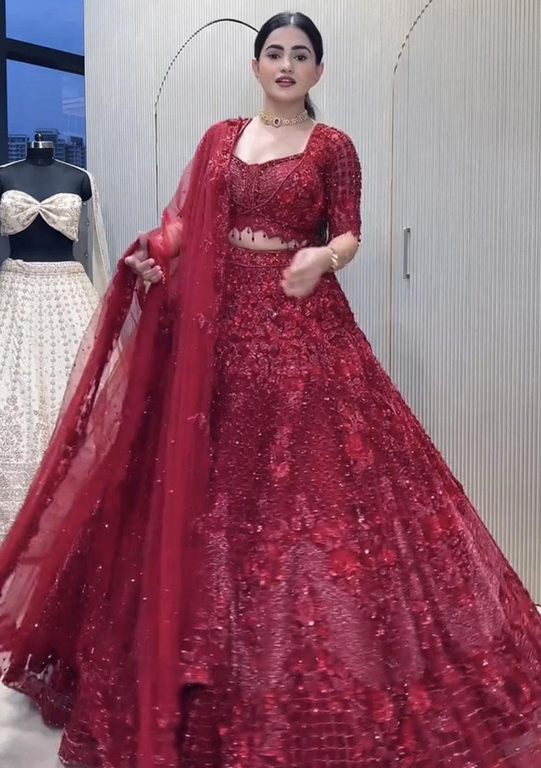 Red Embroidered Net Lehenga Set - Indya