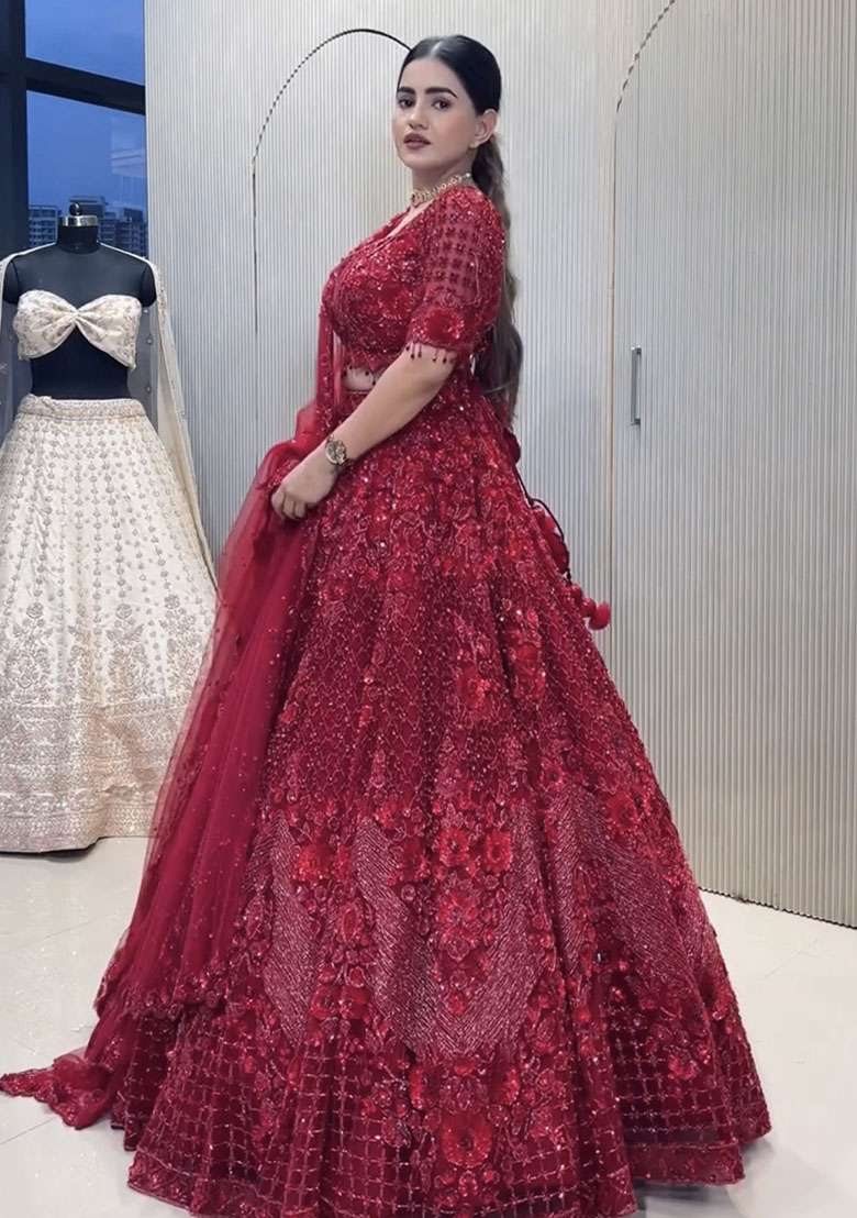 Red Net Lehenga Set with Embroidered for Diwali | Wedding & Festive Wear - Indya