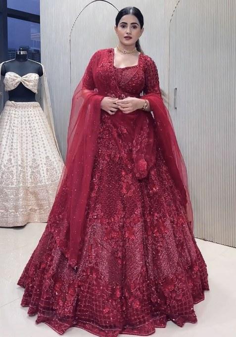 Red Embroidered Net Lehenga Set