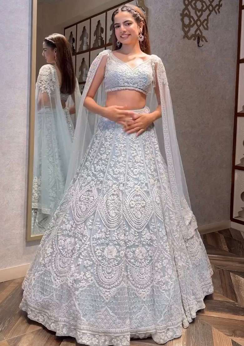White Embroidered Net Lehenga Set for Diwali and Festive Wear - Indya