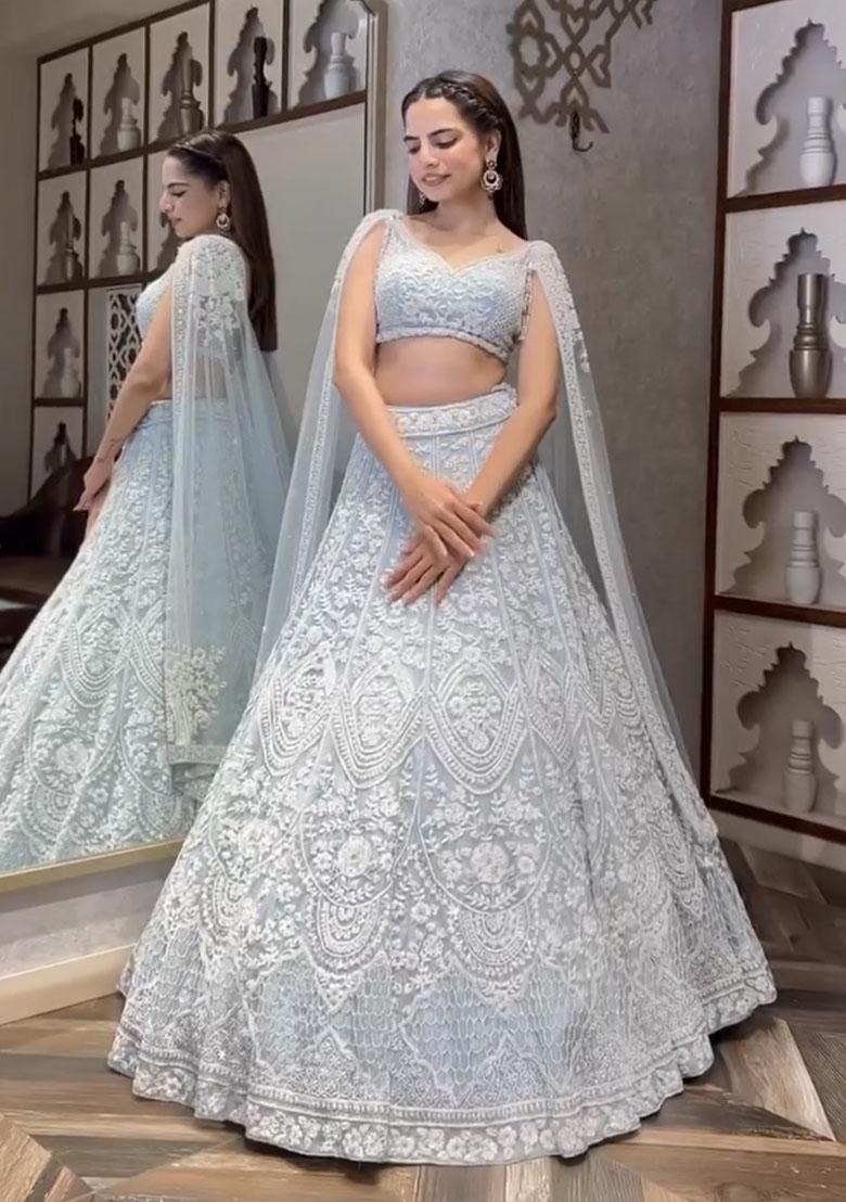 White Embroidered Net Lehenga Set - Indya